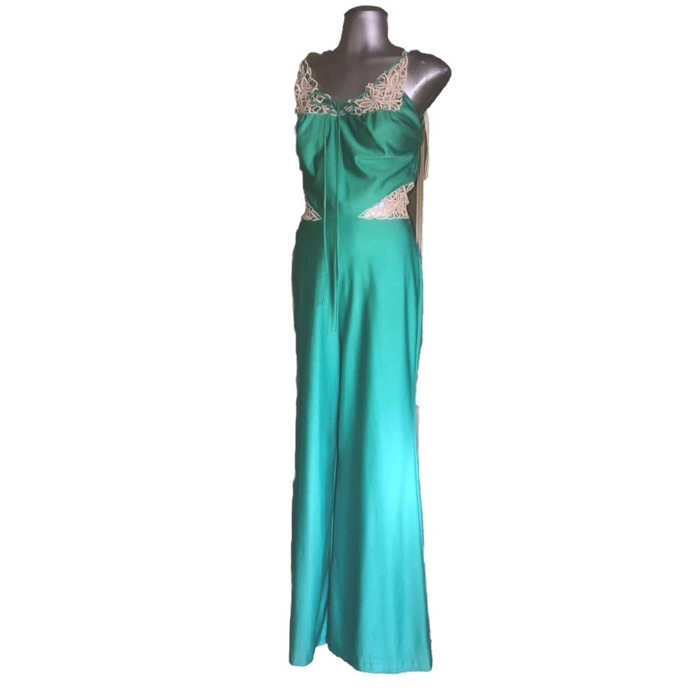 VINTAGE 70sFrederick's of Hollywood Green Teal Jumpsuit with White Lace